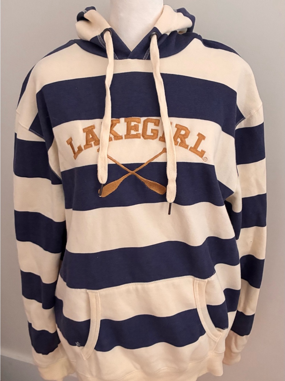 Lakegirl Navy and Cream Striped Hoodie Sweatshirt women XL preppy coastal